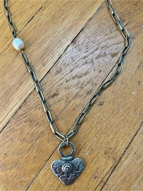 Brighton 22” Vintage-Inspired Silver Heart Pendant Necklace with Pearl Accent